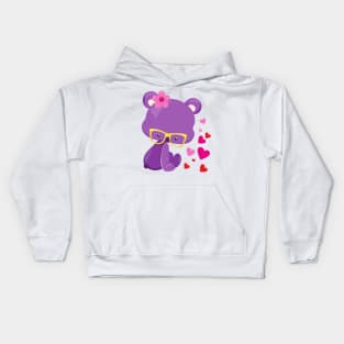 Valentine's Day Bear, Purple Bear, Glasses, Hearts Kids Hoodie